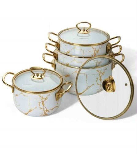 Edenberg EB-9102 Zománcozott edények 8 db, fehér edénykészlet arany márvánnyal