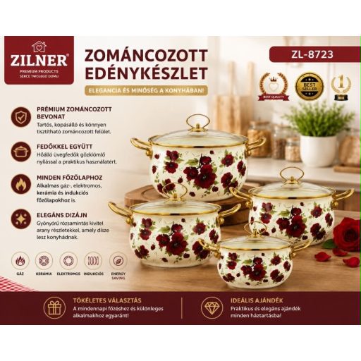 ZILNER ZL-8723 Rózsamintás Zománcozott Edénykészlet Arany Fülekkel