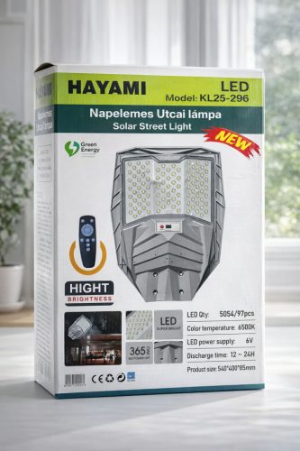 Napelemes Led utcai lámpa 6500K-Hayamai KL25-296 nagy fényerejű kültéri világítás távírányítóval