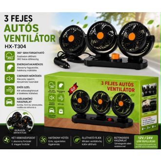   3 fejes autós ventilátor 12V/24V – USB csatlakozás, 360°-ban forgatható, állítható autóhűtő ventilátor