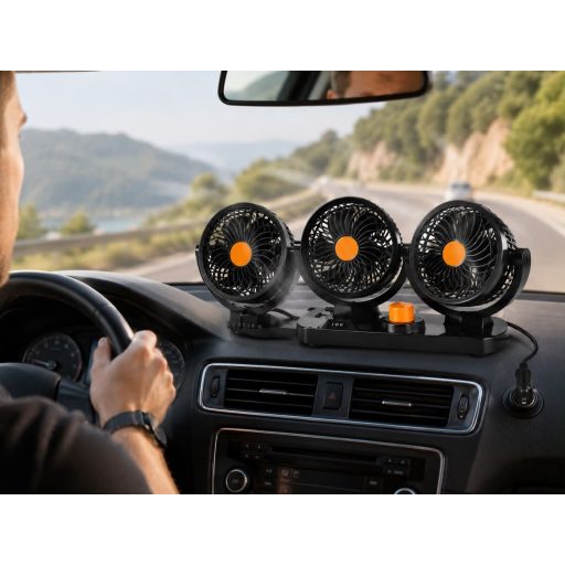 3 fejes autós ventilátor 12V/24V – USB csatlakozás, 360°-ban forgatható, állítható autóhűtő ventilátor