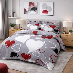   7 részes modern szív mintás ágyneműhuzat-szürke alapon piros-fehér design