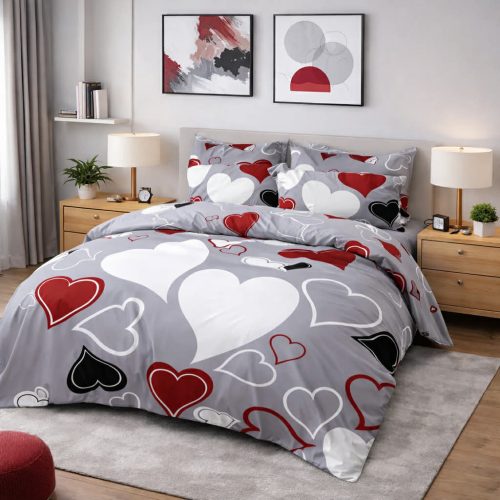7 részes modern szív mintás ágyneműhuzat-szürke alapon piros-fehér design