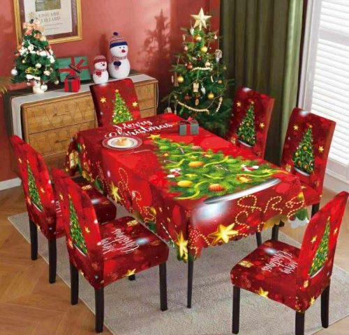 Karácsonyi asztalterítő szett / 1 db asztal terítő + 6 db székhuzat / Karácsonyfa