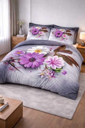 7 részes modern virágmintás ágyneműhuzat- elegáns lila-fehér design