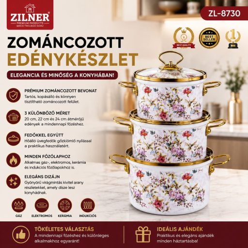 ZILNER ZL-8730 Virágmintás Zománcozott Edénykészlet Arany Fülekkel