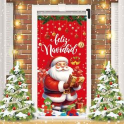   Karácsonyi ünnepi ajtófüggöny, ajtó borító banner, manó/télapó/szarvas mintás háttér, poliészter, 90 x 200 cm