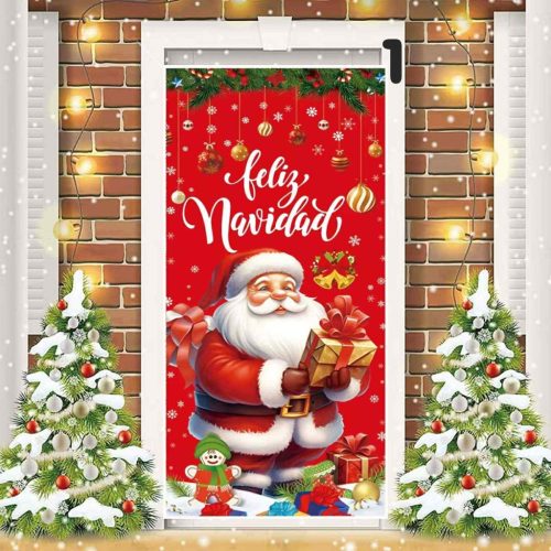 Karácsonyi ünnepi ajtófüggöny, ajtó borító banner, manó/télapó/szarvas mintás háttér, poliészter, 90 x 200 cm