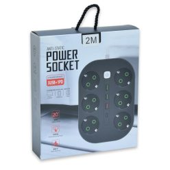  Hálózati elosztó 6 db konnektor aljzattal, 3 db USB-vel és 1 db USB-C-vel / 200 cm hosszabbító