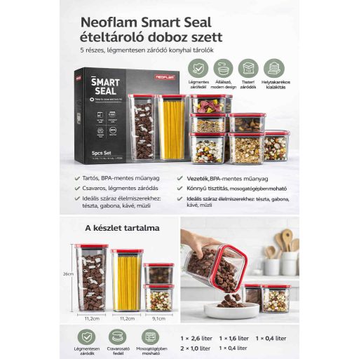 Neoflam Smart Seal ételtároló doboz szett – 5 részes, légmentesen záródó konyhai tárolók