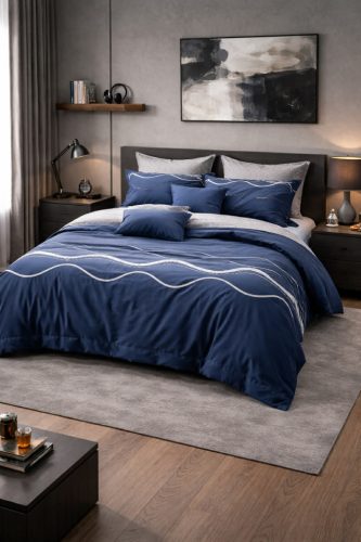 7 részes modern kék ágyneműhuzat, férfias letisztult stílus