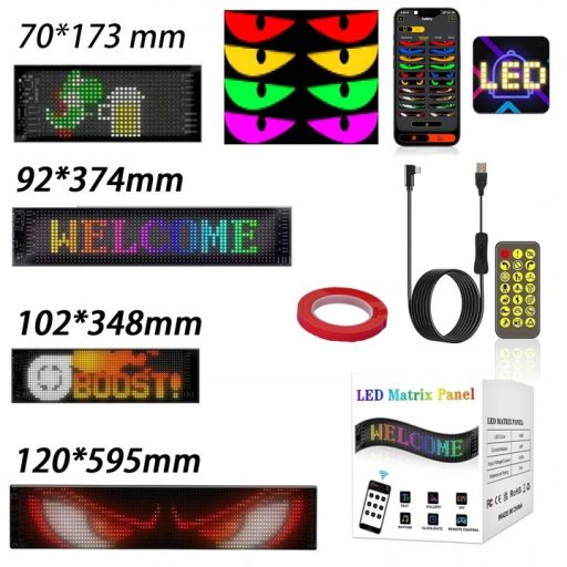 Digitális LED Panel Autó Szélvédőre – Egyedi Kijelző, Óra & Info/ Programozható 120 x 595 mm