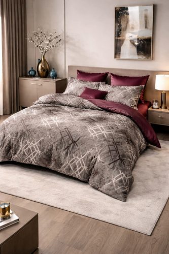 7 részes elegáns geometrikus mintás ágyneműhuzat - luxus barna és bézs kombinációja