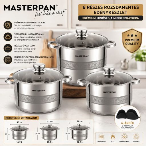 MASTERPAN MP-5134 Rozsdamentes Edénykészlet – 6 Részes Prémium Fazékszett