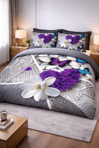 7 részes modern lila virágmintás ágyneműhuzat-elegáns design
