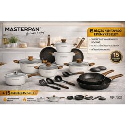   Masterpan 15 részes edénykészlet - tapadásmentes alumínium főzőszett, üveg fedőkkel, fa hatású nyéllel- fehér színben