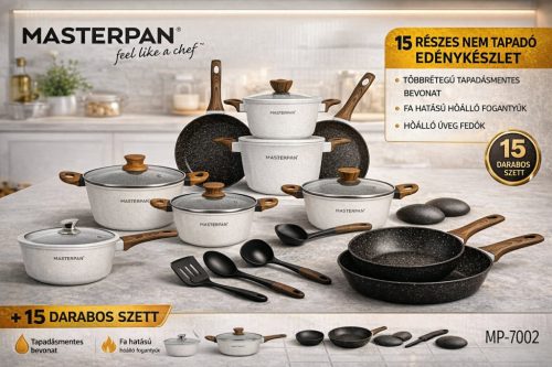 Masterpan 15 részes edénykészlet - tapadásmentes alumínium főzőszett, üveg fedőkkel, fa hatású nyéllel- fehér színben