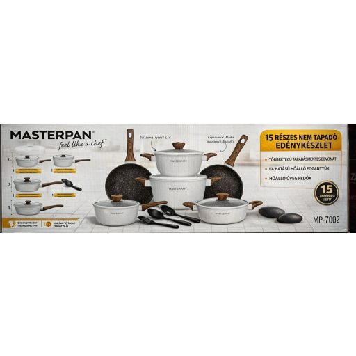 Masterpan 15 részes edénykészlet - tapadásmentes alumínium főzőszett, üveg fedőkkel, fa hatású nyéllel- fehér színben