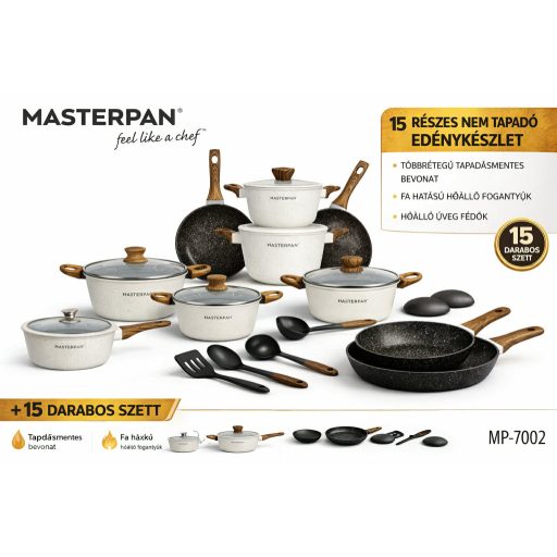 Masterpan 15 részes edénykészlet - tapadásmentes alumínium főzőszett, üveg fedőkkel, fa hatású nyéllel- fehér színben