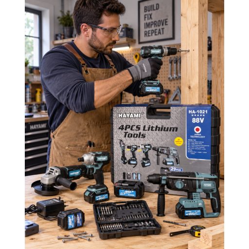 HAYAMI HA-1021 4 részes akkumulátoros szerszámkészlet 2 db Li-ion akkumulátorral, kofferben