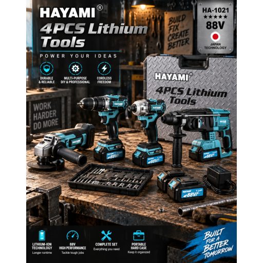 HAYAMI HA-1021 4 részes akkumulátoros szerszámkészlet 2 db Li-ion akkumulátorral, kofferben