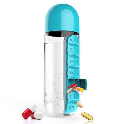 Heti gyógyszer/vitamin  rendszerező, beépített víztartóval 600ml, műanyag, 7,5 x 23 cm
