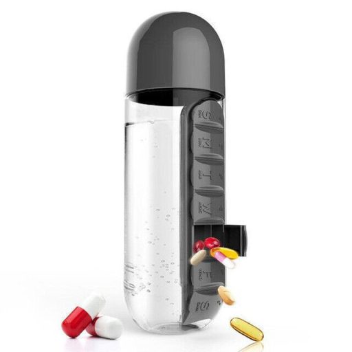 Heti gyógyszer/vitamin  rendszerező, beépített víztartóval 600ml, műanyag, 7,5 x 23 cm
