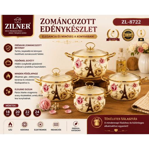 ZILNER ZL-8722 Párizs Mintás Zománcozott Edénykészlet Arany Fülekkel
