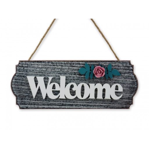 Fali tábla Welcome szürke rózsás 30x12cm
