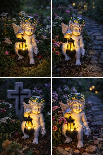 Napelemes angyal kerti lámpa Led lanternával, kültéri dekoráció 