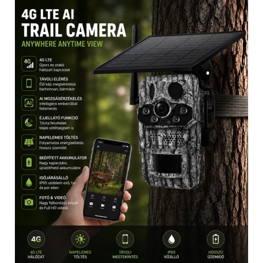 4G LTE AI Vadkamera Napelemes Töltéssel – Távoli Elérésű Trail Camera Kültéri Megfigyeléshez