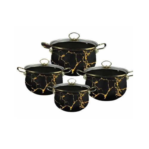 Edenberg EB-9112 Zománcozott edények 8 db, fekete edénykészlet arany márvánnyal