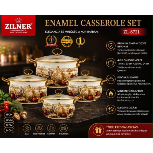 Zománcozott Edénykészlet – 8 Részes Fazékszett Arany Fülekkel
