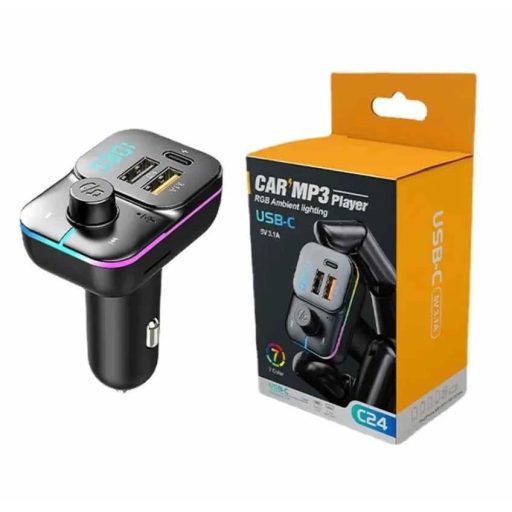 C24 autós FM transzmitter /Bluetooth, SD, MP3, LCD, RGB LED, 1xType‑C, 2×USB-A/