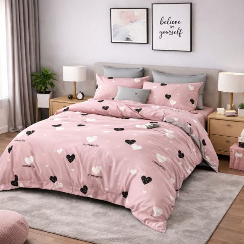 7 részes fiatalos szív mintáságyneműhuzat- modern rózsaszín és szürke stílus