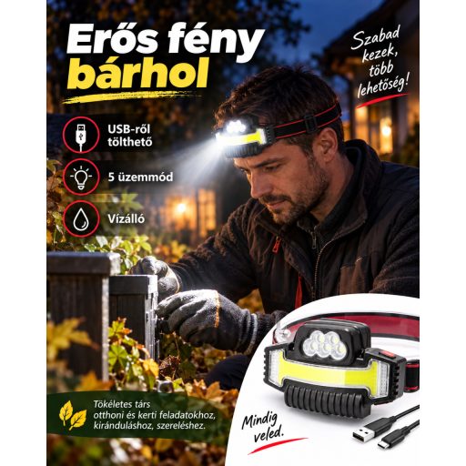 5LED+COB fejlámpa USB újratölthető 5 üzemmódú vízálló W685-5