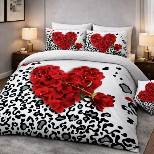 7 részes modern fekete szív mintás ágyneműhuzat, piros-fekete design