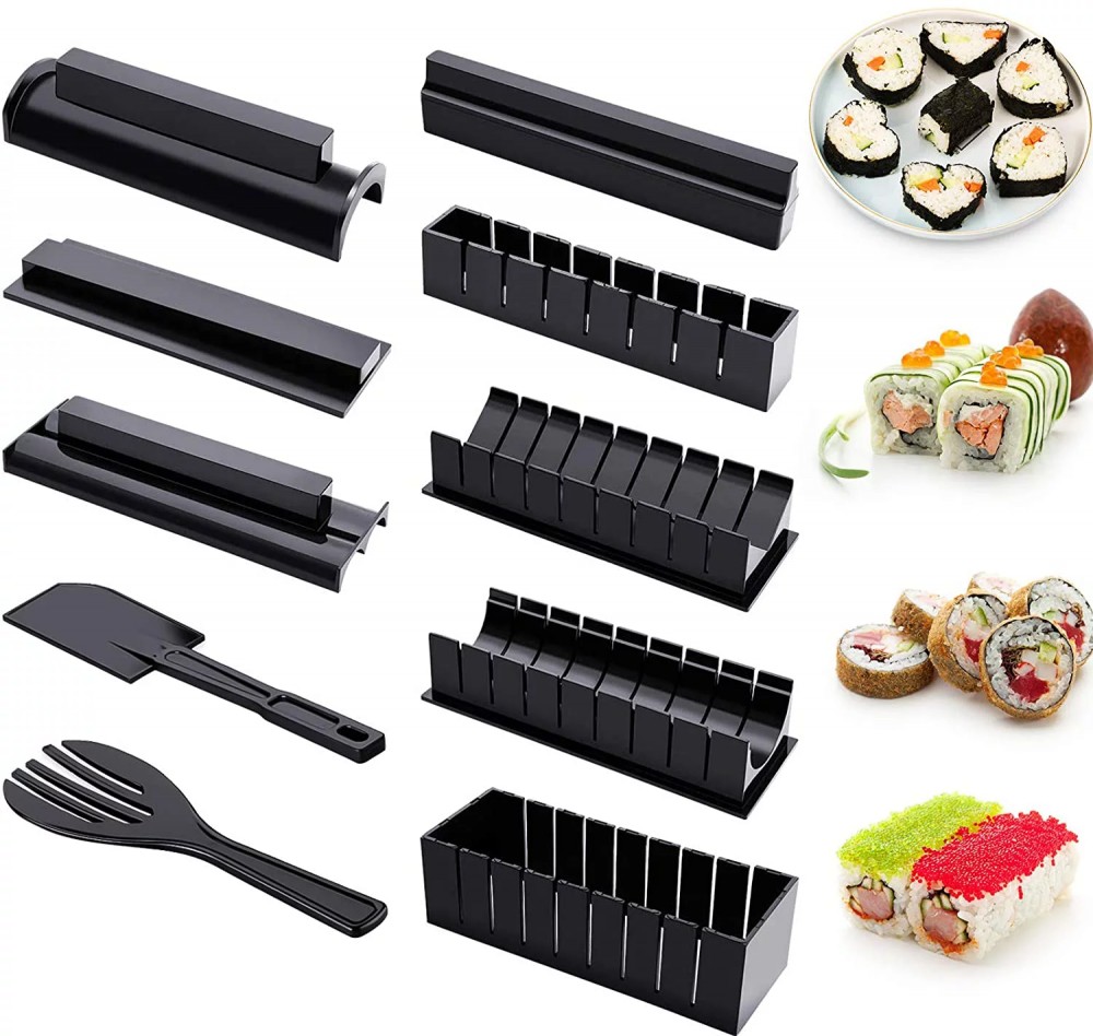 Sushi készítő készlet, 2 spatula és 8 különböző forma, műanyag, fekete