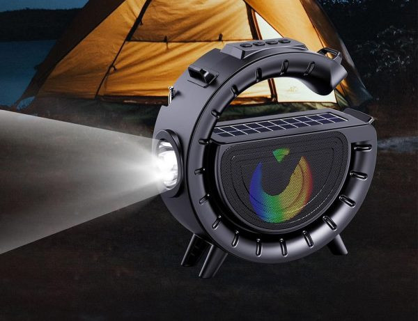 Image of Innovatív hordozható napelemes vezeték nélküli Bluetooth hangszóró lámpával és praktikus vállra akasztható pánttal DV-800